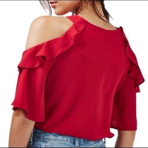 TopShop Cold Shoulder Top Ruffle Red 6 - Picture 2 of 13